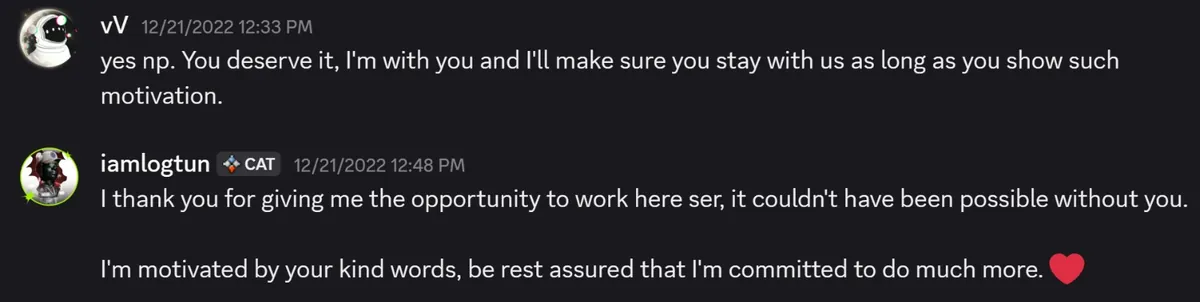 Discord screenshot, December 2022. The Teritori Network community manager writes: &ldquo;yes np. You deserve it, I&rsquo;m with you and I&rsquo;ll make sure you stay with us as long as you show such motivation.&rdquo;